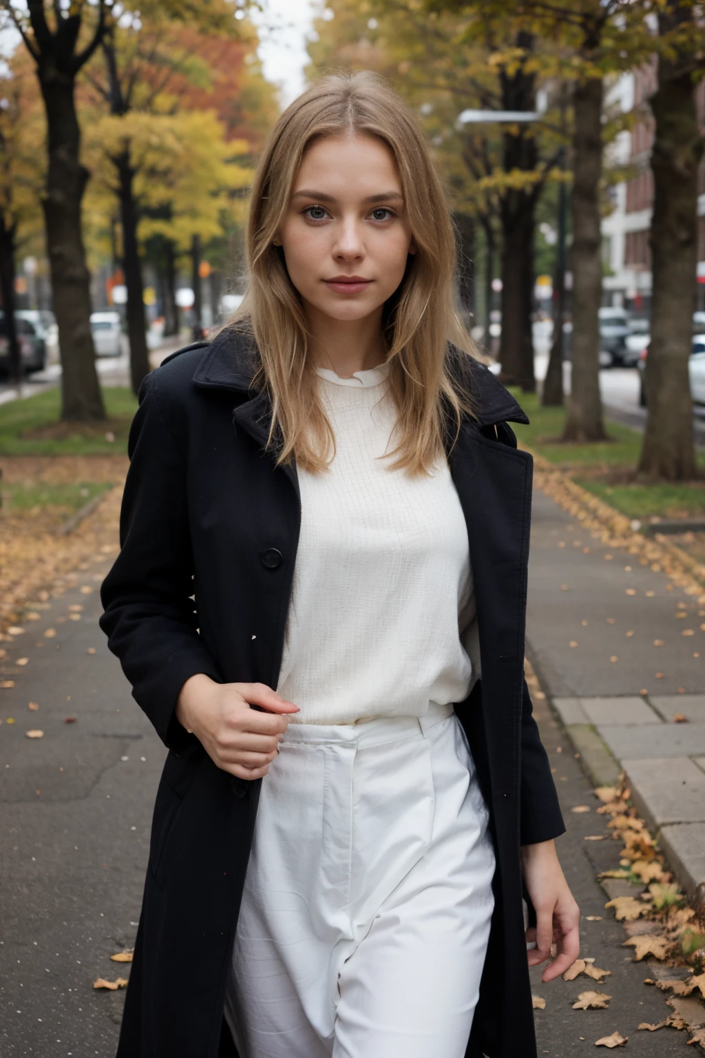 Light blonde Swedish woman wearing a coat in an autumn environment