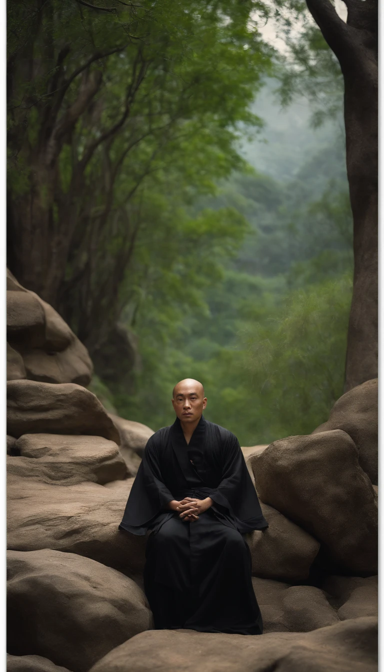 Alafid man in black robe sitting on rock in forest, Taoist, Taoist, Inspired by Ma Yuan, Matte Painting Portrait Shoot, inspired by Li Cheng, samurai portrait photo, in black robe, portrait of monk, pan ren wei, Inspired by Fan Kuan, inspired by Li Kan, Inspired by Wang Jian, wearing long black robe