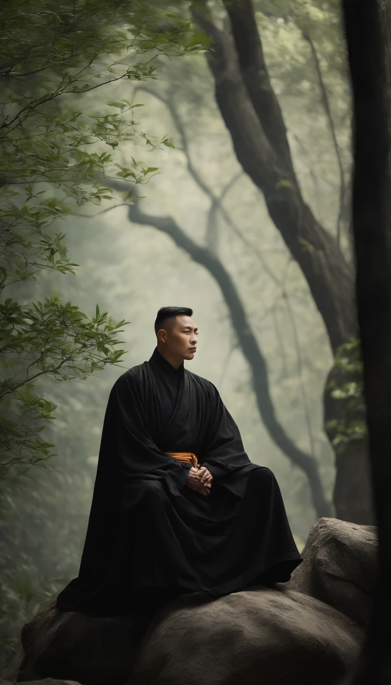 Alafid man in black robe sitting on rock in forest, Taoist, Taoist, Inspired by Ma Yuan, Matte Painting Portrait Shoot, inspired by Li Cheng, samurai portrait photo, in black robe, portrait of monk, pan ren wei, Inspired by Fan Kuan, inspired by Li Kan, Inspired by Wang Jian, wearing long black robe