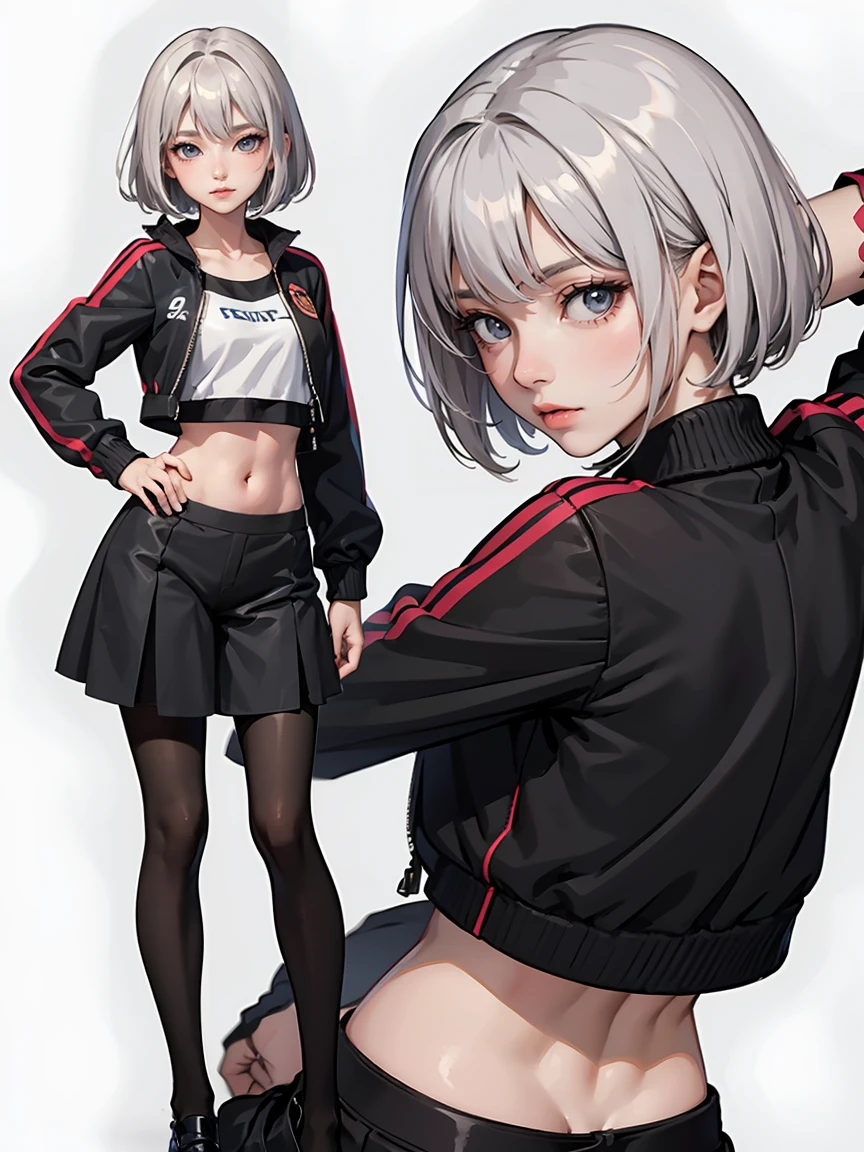 1girl, 2d, anime style, skinny body, Anime girl wearing crop top with jacket, pantyhose, kneels, light grey short hair, pose picture of her sexy pose, highly detailed, 8k, character sheet, white background, best quality, from behind, open anus