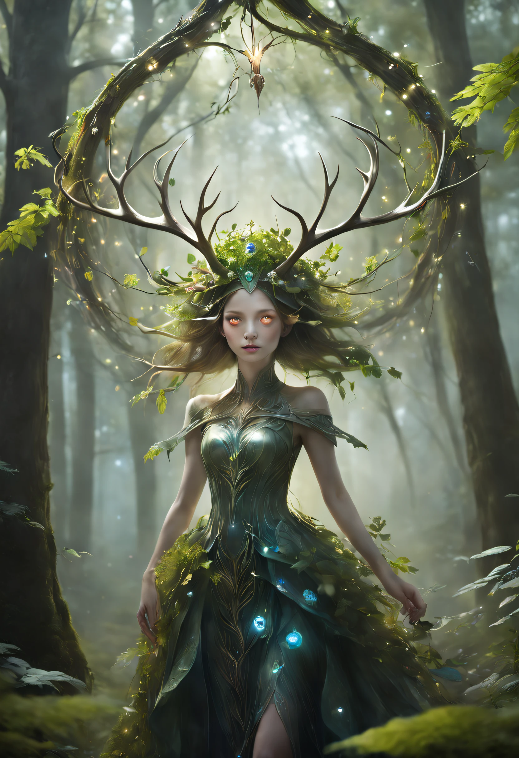 In a mystical forest, a wondrous sight unfolds as a girl, seemingly crafted from the very flora of the woodland, stands amidst the verdant foliage. Her form is adorned with delicate, intertwining vines and leaves, and a pair of ethereal antlers crown her head, evoking the spirit of the forest. The dynamic structure is evident as the girl made of plants and antlers interacts with the natural environment, creating a visually captivating and enchanting scene that blurs the boundaries between humanity and nature, evoking a sense of magic and harmony within the woodland realm.