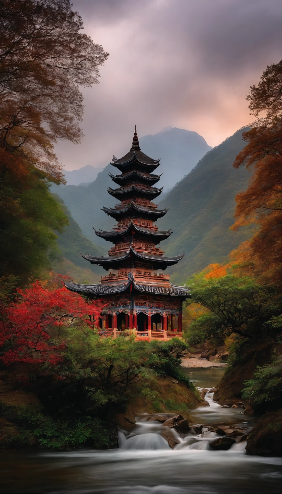 In a big mountain，There is pagoda mountain。There is a long stream of water