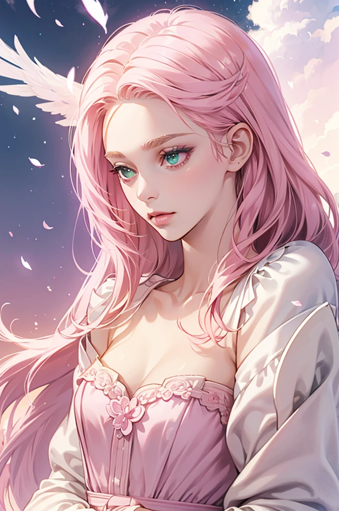 young woman, porcelain skin, small bust, pale pink dress with neckline, long sleeves with glitter, short pale pink hair, thin pink eyebrows, large emerald green eyes, buttoned nose, large pink lips, wide forehead with violet rhombus, wings of angel on the back, sky, clouds, Sakura Haruno, 3d