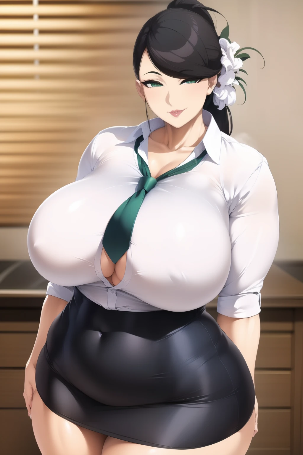 Best Quality, Solo, huge-breasted, gargantuan butt, very curvy, Tanned skin, Stylized high ponytail, Green eyes on pears, Full lips, Seductive, sly smile, Exposed white button-up, Loosen your tie, Pair Green Plaid Skirt, Hair ribbons, thick thighs, Curvaceous physique