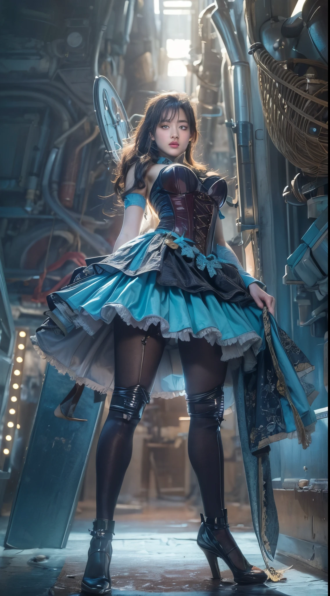 (((masterpiece)))、((top-quality))、(The ultra-detailliert)、(CG Illustration)、(Very Beautiful ))、Cinematic Light、((1 Mechanical Girl))、 scientific fiction、Apocalypse、Erotic grotesque、research institute(Beautiful and indulgent:1.2)、(1girl in:1.3)、Facing the front,A dark-haired,Corset Belt,blue high waist skirt,