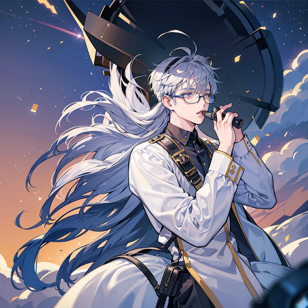 headset on head,A silver-haired man with strange eyes,Fried animal ears,20-year-old handsome boy in school uniform wearing glasses,Singing while carrying an electric guitar,Punk locomotive,Behind us is a technological city,Milky Way Universe Planet Background,The notes are floating behind,Stand in the center of the screen