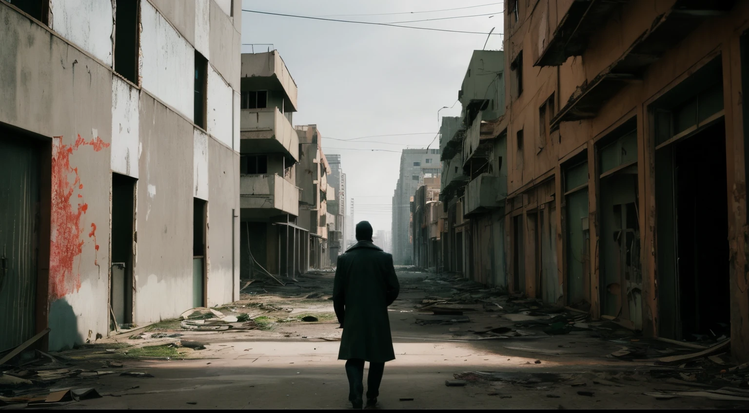 abandoned city, 1guy, far from viewer, afternoon, cinematic, dramatic, filmic