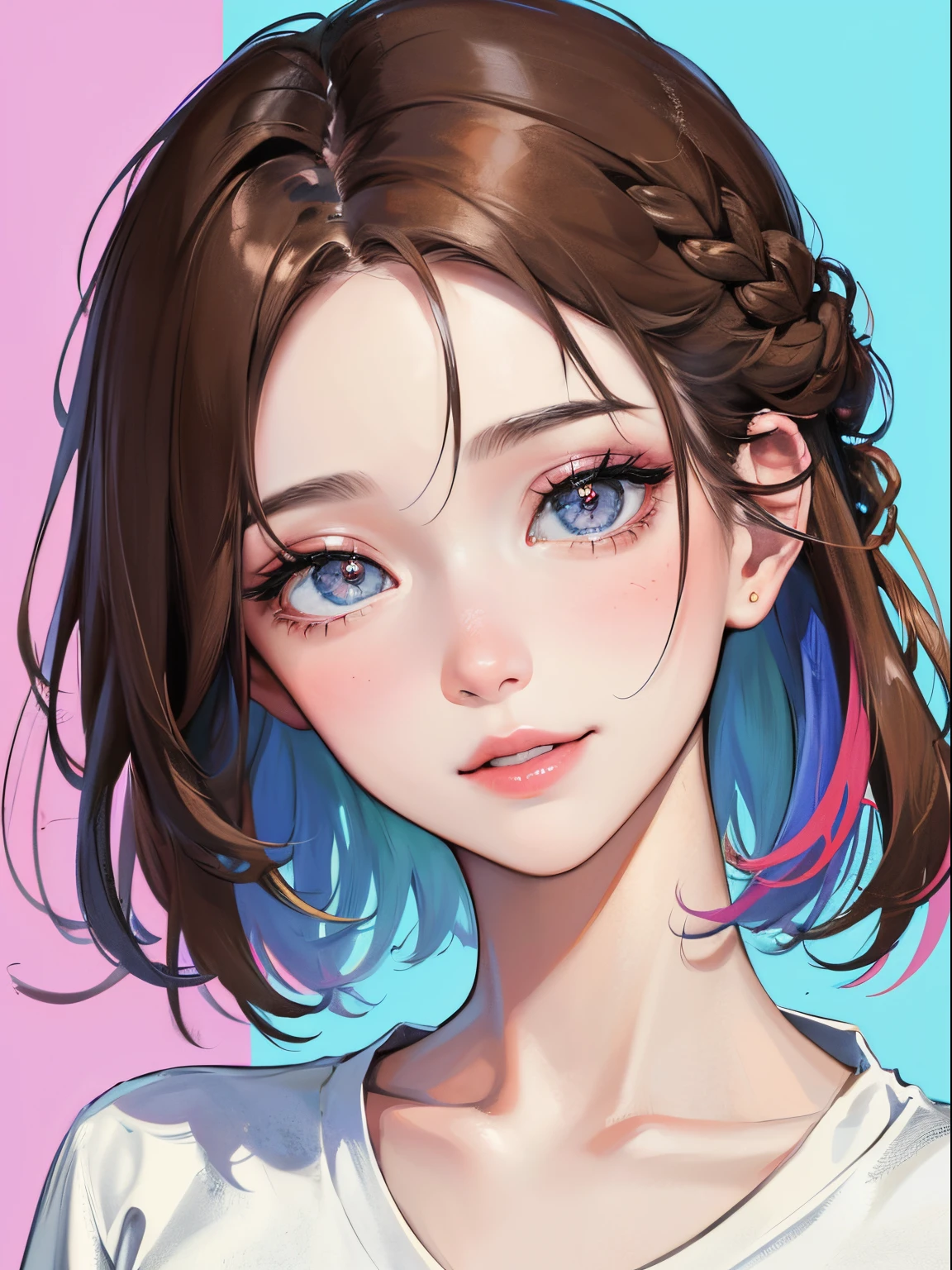 (((1人の女性)))、(Top resolution、Distinct_image) best qualtiy、(((Pop)))、1990's、((colorful backdrop))、((illuminating))、ighly detailed、Semi-realistic、Brown hair、((makeups)),Braided hairstyle、A smile、bangss、20yr old、年轻、((tshirts))、delicated facial features、Facial features、View from below、((Detailed eyes))