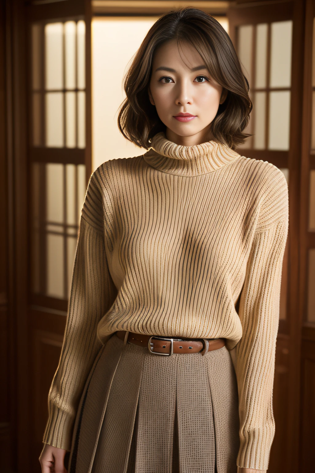 a K-pop idol wearing a turtle neck sweater,
(((masterpiece))), ((best quality)), ((intricate detailed)), ((Hyperrealistic)), absurd res, milf, mature woman, perspective, highly detailed, illustration, 1girl, ((large breasts)), perfect hands, detailed fingers, beautiful detailed eyes, short hair, brown eyes,(turtle neck:1.2), tight skirt, detailed background, choker, perfect eyes, seductive eyes, looking at the viewer, from front