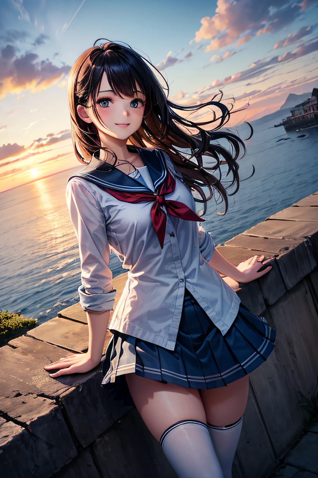 A very cute and beautiful high school girl looking at the sea on the hill,(very detailed beautiful face and eyes:1.2),(Smile),
(Mini skirt),mid-shot,zettai ryouiki,Black hair,Beautiful legs,Dynamic Pose,Dynamic Angle,
(Looking at the sea,From the top of the hill),1 house with a red roof,Detailed landscapes,
(Best Quality,masutepiece:1.2),Intricate details,hight resolution,1 girl,Solo,
Cinematic lighting,Hair fluttering in the wind,Beautiful detailed sky,