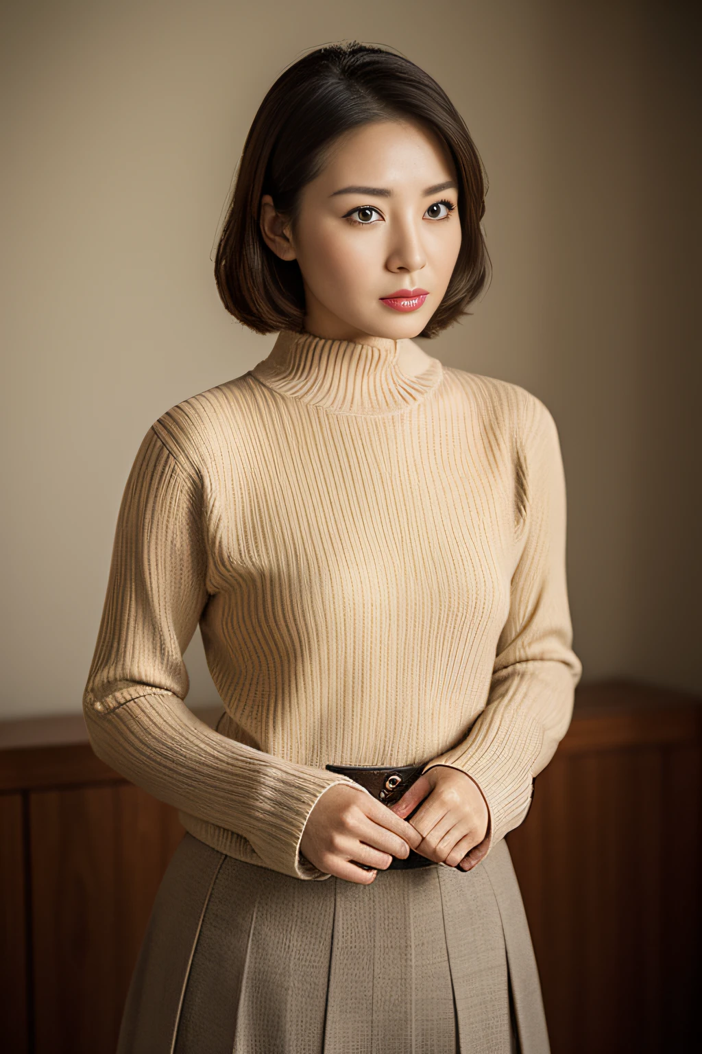 top-quality, masterpiece, hight resolution, Photorealsitic, profetional lighting, ighly detailed, depth of fields, ((One beautiful woman)), ((90 years old)), Female sexy, Classroom, ((tight sweater, skirt by the)), Detailed face, beautidful eyes, bangss, small breasts of good shape, Light Brown Straight Hair, Faint lips, ((Stand forward、gazing at viewer, Serious face)), cowboy shot, sharp,
