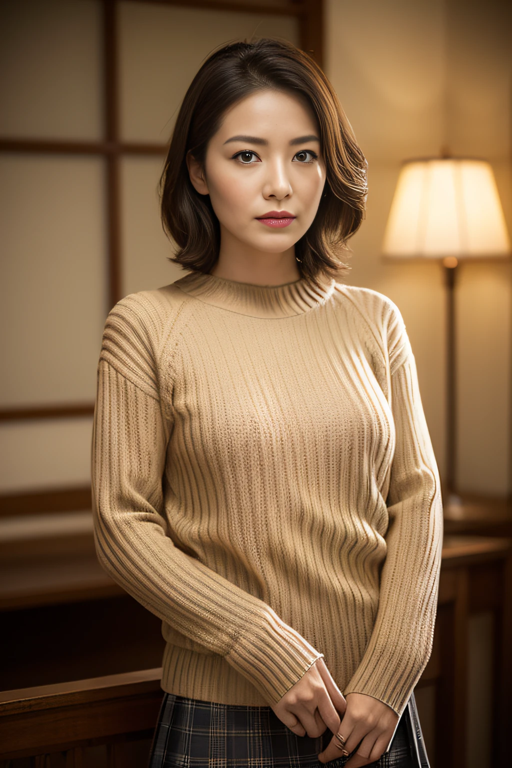 top-quality, masterpiece, hight resolution, Photorealsitic, profetional lighting, ighly detailed, depth of fields, ((One beautiful woman)), ((90 years old)), Female sexy, Classroom, ((tight sweater, skirt by the)), Detailed face, beautidful eyes, bangss, small breasts of good shape, Light Brown Straight Hair, Faint lips, ((Stand forward、gazing at viewer, Serious face)), cowboy shot, sharp,