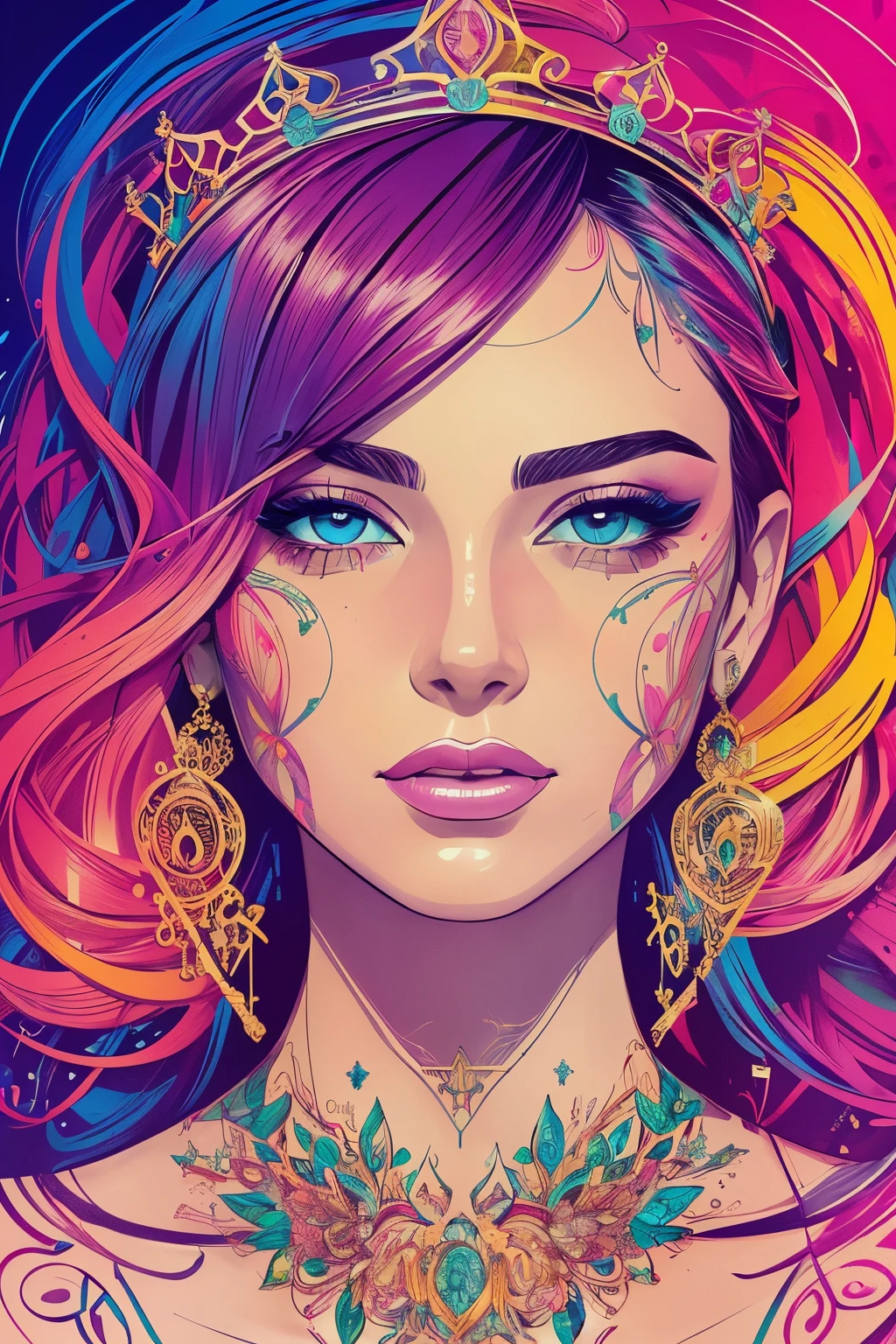 Highly detailed, High Quality, Masterpiece, beautiful, FISideRight face, 1girl, solo, ((best quality)), ((masterpiece)), (detailed), perfect face, abstract beauty, Create a digital art work in pop art style, luxury elegance bold with hint of feminine, happy & youthful, authentic, brave, princess wearing crown, purple and gold, centered, key visual, intricate, highly detailed, breathtaking beauty, precise lineart, vibrant, comprehensive cinematic, Carne Griffiths, Conrad Roset, vector art, Colorful graffiti illustration, (the most beautiful portrait in the world:1.5)
