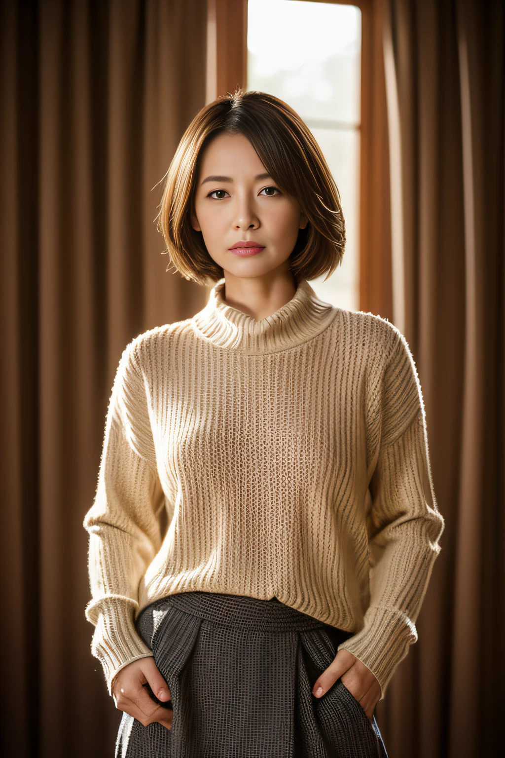 top-quality, masterpiece, hight resolution, Photorealsitic, profetional lighting, ighly detailed, depth of fields, ((One beautiful woman)), ((90 years old)), Female sexy, Classroom, ((tight sweater, skirt by the)), Detailed face, beautidful eyes, bangss, small breasts of good shape, Light Brown Straight Hair, Faint lips, ((Stand forward、gazing at viewer, Serious face)), cowboy shot, sharp,