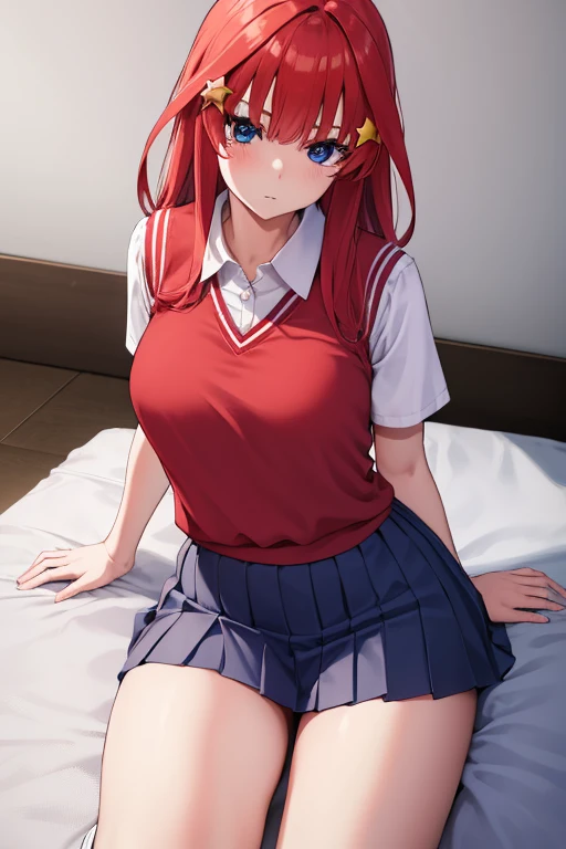 Satsuki Nakano, Itsuki Nakano, Bangs, Blue eyes, hair between eye, Ahoge, Red hair, Star \(symbol\), Hair Ornament, Star hair ornament,
BREAK skirt, Shirt, School uniform, 鎖骨, White shirt, Short sleeves, Pleated skirt, sox, Collared shirt, Miniskirt, knee high, White socks, Green skirt, Sweater Vest, Red Sweater Vest,
Break indoors, School, crass room,
BREAK looking at viewer, BREAK (masutepiece:1.2), Best Quality, High resolution, Unity 8k壁纸, (Illustration:0.8), (Beautiful detailed eyes:1.6), extra detailed face, Perfect Lighting, extremely details CG, (Perfect hands, Perfect Anatomy),Black tights