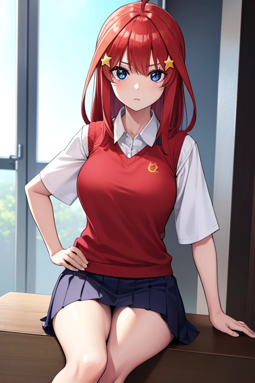 Satsuki Nakano, Itsuki Nakano, Bangs, Blue eyes, hair between eye, Ahoge, Red hair, Star \(symbol\), Hair Ornament, Star hair ornament,
BREAK skirt, Shirt, School uniform, 鎖骨, White shirt, Short sleeves, Pleated skirt, sox, Collared shirt, Miniskirt, knee high, White socks, Green skirt, Sweater Vest, Red Sweater Vest,
Break indoors, School, crass room,
BREAK looking at viewer, BREAK (masutepiece:1.2), Best Quality, High resolution, Unity 8k壁纸, (Illustration:0.8), (Beautiful detailed eyes:1.6), extra detailed face, Perfect Lighting, extremely details CG, (Perfect hands, Perfect Anatomy),Black tights