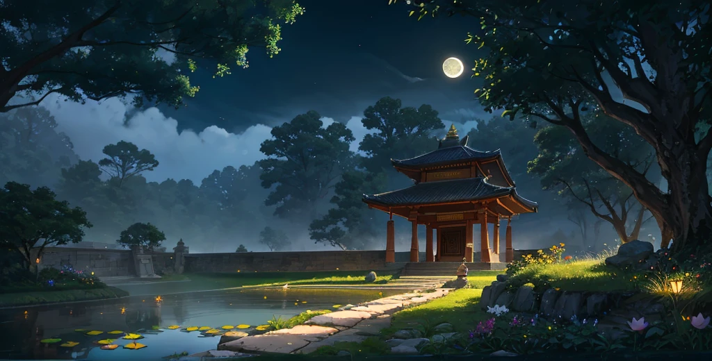 Ancient nepali architecture, old tample, cool colors, dark night, moon, lake, flower garden, lotus lake, stone bridge, rockery, arch, corner, tree, running water, landscape, outdoor, waterfall, grass, rock, dense fog,