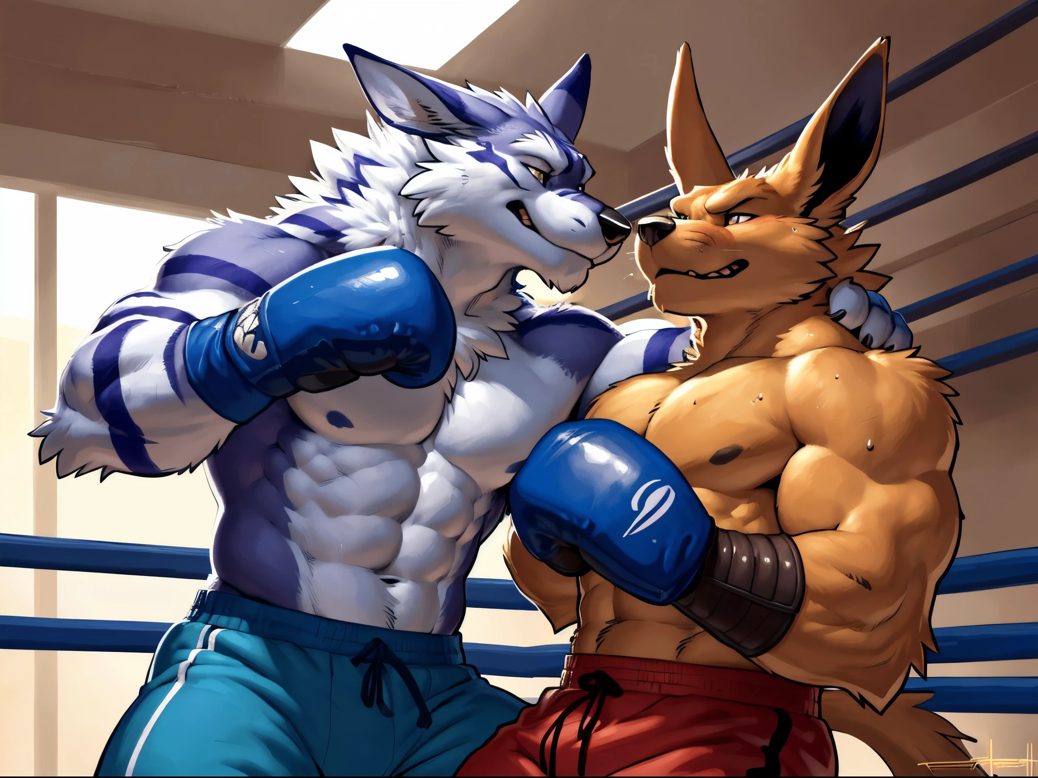 (ultra quality):1.4,color, smooth comics style, (by takemoto arashi, by meesh, by Taran Fiddler), two characters, kurama:1 and weregarurumon:1 boxing, muscles:1, athletic build, abs, correct anatomy, anime martial arts, sweat, strong:1 masculine, boxing ring, fighting:1 scene, embracing, clinch, wearing boxing gloves, detailed boxing gloves