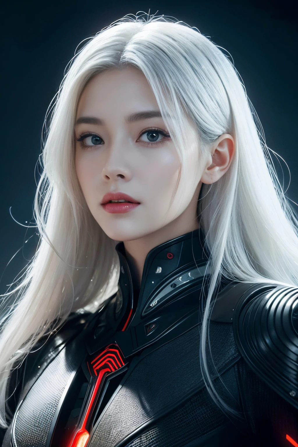 Portrait of a beautiful girl with wavy white hair, wearing a formal black dress with metal parts, red eyes, monograms in the background, digital painting, dark colors, 8k, complex details, vintage, retro futuristic style, sharp focus on the center, pastel colors, art station, (sci-fi, future, future theme), (facial expression looking with disdain), (detailed illustration)