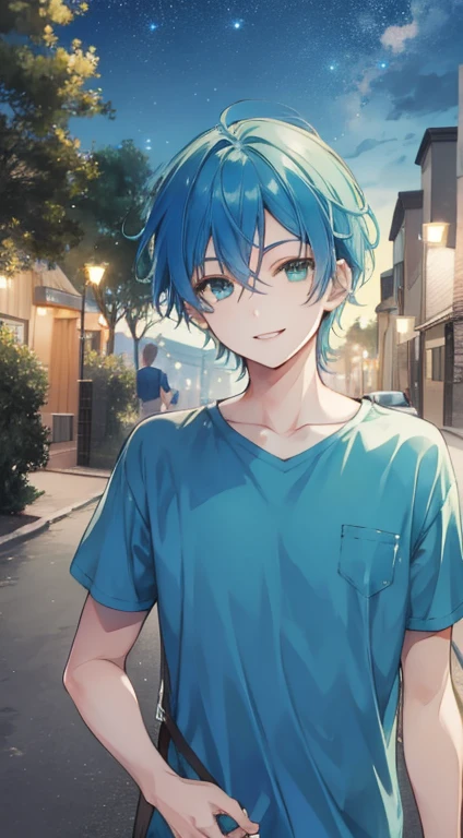 One young man, Blue hair and green eyes, sharp short hair, Casual clothing, running under the stars,  smiling refreshingly