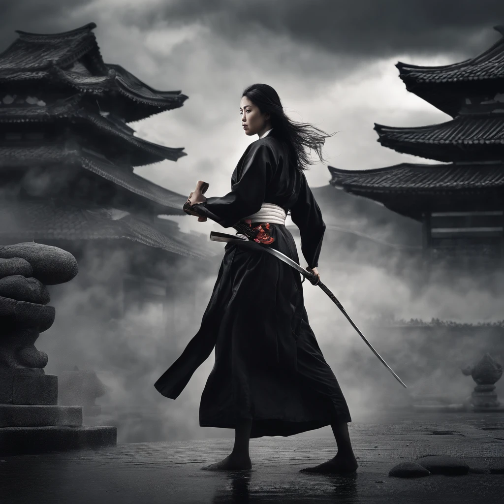 ink and watercolor painting、black-and-white、monotone、monochromes、,
Dark storm clouds.
Pouring rain.
, 18 years old、Black Hair Ponytail 、female samurai in kimono、
Black Latex Stocking Headband Rest Samurai Katana'Sword on the shoulder。.
((Detailed skin texture, Cellulite) )、She is looking at the camera over her left shoulder Super high quality compilation High fashion photography Top quality,
hyperphotorealistic,
Night.
Dark storm clouds.
Pouring rain. She towers over the ruins of a once thriving city... her superheroine costume、Dyed with the remnants of that day'Collision of, But her resolve remains unbroken.... destroyed building behind her、a vivid reminder of the sacrifices of war。, however、Face that is'This is also a testament to her courage and resilience.... She is standing in a kendo pose with a sword ready。。.、i'ready to hit. Use still images of kendo kata and photos of samurai as reference for poses... Capture exciting dynamic martial arts poses handheld, Dramatic Angle, Extreme Angle Shots. The camera is equipped with an ultra-wide-angle lens、attached to a drone、tome'just like you'Manipulated by voyeurs who sneak up from below and take photos..、See her dilemma from the most obvious angle。, From above, See up close the wide-angle distortion that invades her space, low angle shot, Handheld Shooting