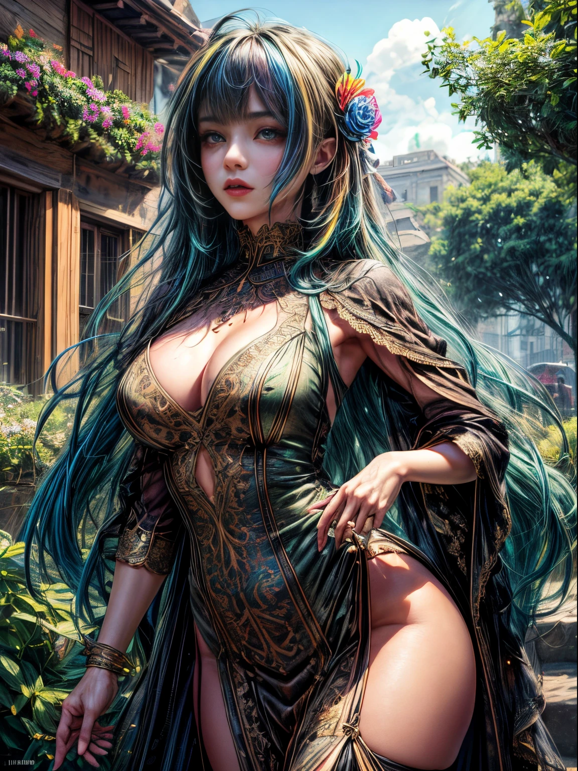 masterpiece, best quality, 1girl, (finely detailed beautiful eyes and detailed face), cinematic lighting, upper body shot, long hair, green hair, colored eyelashes, brown eyes, small breasts, fully clothed dress, thick long dress, outdoor, flowers, succulent plant, (Colorful:1.3), naughty face,