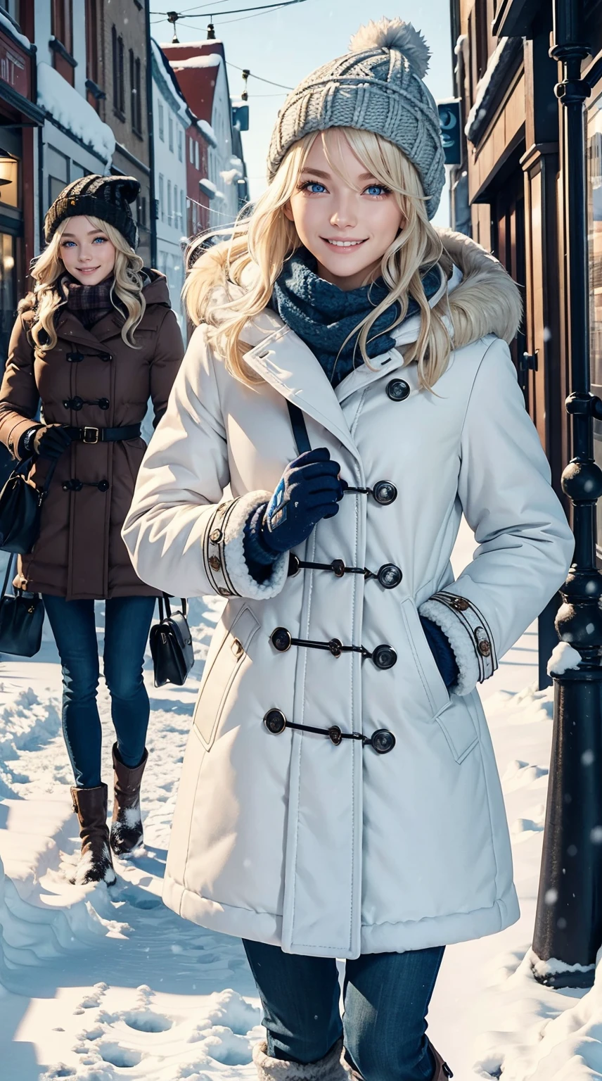 25-year-old Caucasian woman、platinum-blonde、blue eyess、Semi-long、My hair is wavy、a smile、My abs are cracked、a smile、slim muscular body、I don't want my head to disappear from the screen.、Wearing a duffel coat、wearing mitten gloves、I'm in a snowy town、wearing a woolen hat、I'm wearing a muffler、Walking around the city、I'm wearing short boots