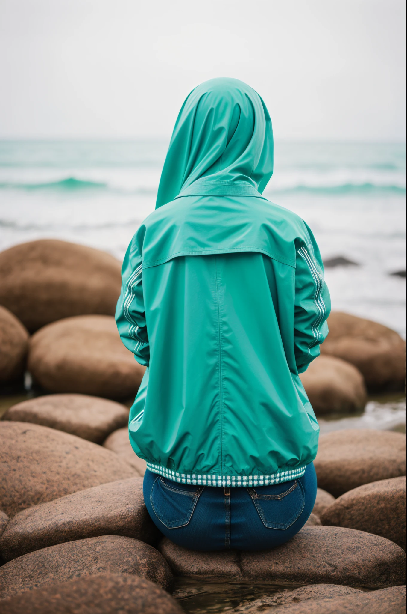 Best quality back view photo of a muslim girl sitting in the seashore wearing brown veila and a mint green jacket.  At the back jacket there's an embroid letter Sohai and a number 5 under the name. 3D image