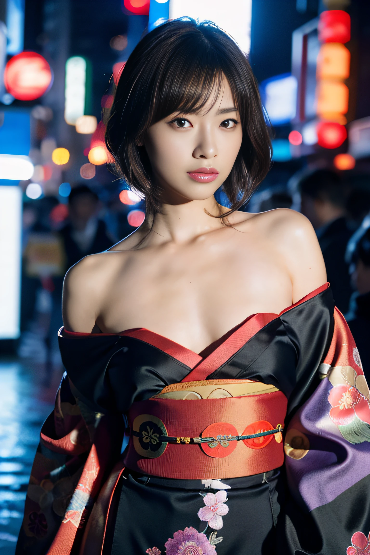 (masutepiece:1.2), ultra-detailliert, 超A high resolution, (Realistic, photographrealistic:1.37), high-definition RAW color photography, professional photograpy, extra detailed face, extremely detailed eye, highlydetailed skin, extremely detailed fingers, highly detailed nose, highly detail mouth, Perfect Anatomy, Highly detailed background, (a famous actress of Japan:1.2), (gals:1.3), (flat chest:1.2), Brown race, Dark skin, (Very short hair), Dynamic lighting, (Any pose:1.2), Cyberpunk City, neons, laser, Samurai, (Samurai kimono:1.3), Bare shoulder,