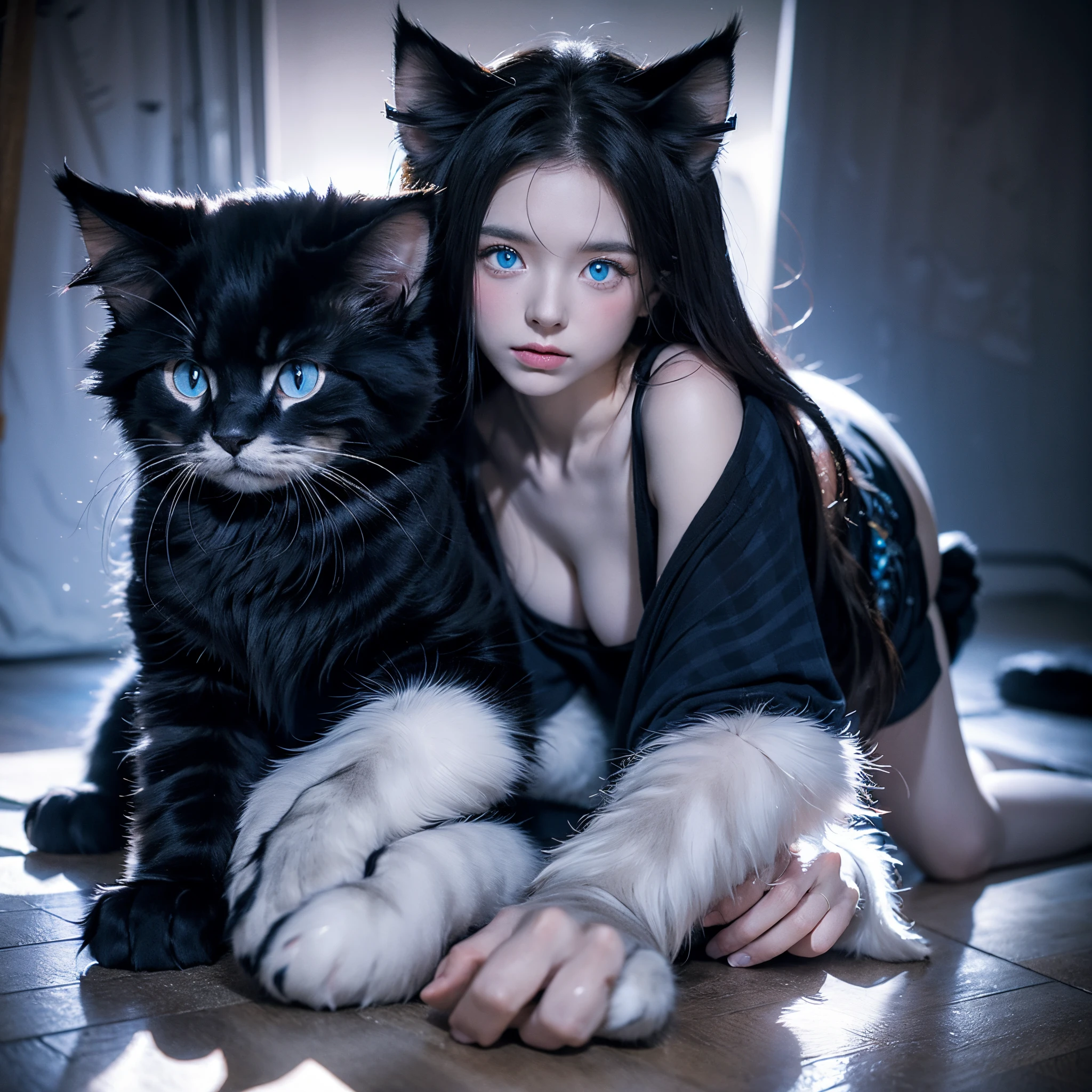 maine coon big cat,wide blue eyes,Black mane,white head,All-over white and gray base,Pattern with blue fur,Male Fury