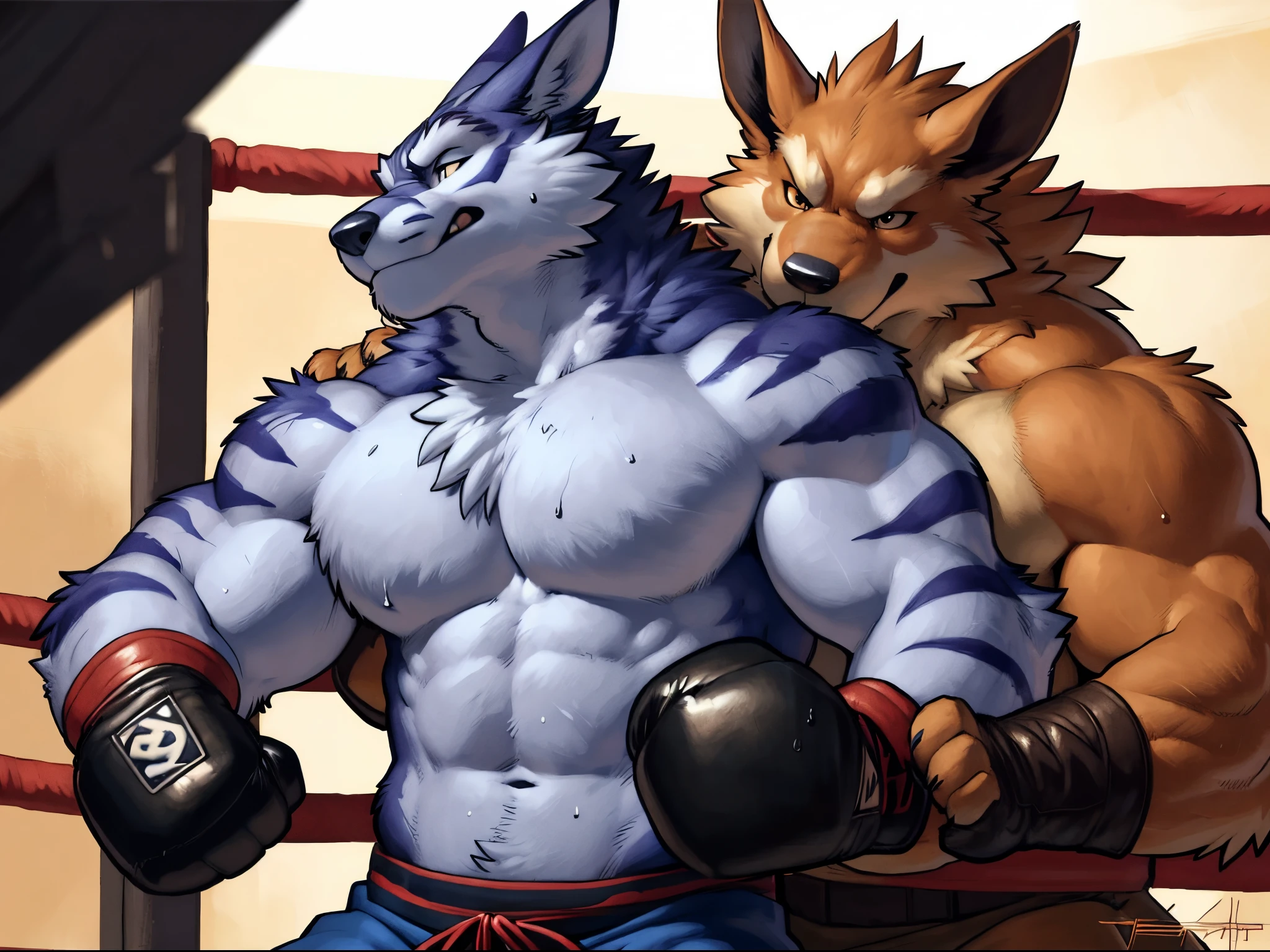 (ultra quality):1.4,color, smooth comics style, (by takemoto arashi, by meesh, by Taran Fiddler), two characters, kurama:1 and weregarurumon:1 boxing, muscles:1, athletic build, abs, correct anatomy, anime martial arts, sweat:1, sweat dripping, strong:1 masculine, boxing ring, fighting:1 scene, embracing, clinch, wearing boxing gloves, detailed boxing gloves