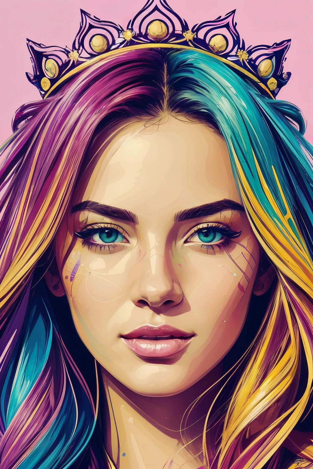 Highly detailed, High Quality, Masterpiece, beautiful, FISideRight cafe, 1girl, solo, ((best quality)), ((masterpiece)), (detailed), perfect face, abstract beauty, Create a digital art work in pop art style, luxury elegance bold with hint of feminine, happy & youthful, authentic, brave, princess wearing crown, purple and gold, centered, key visual, intricate, highly detailed, breathtaking beauty, precise lineart, vibrant, comprehensive cinematic, Carne Griffiths, Conrad Roset, vector art, Colorful graffiti illustration, (the most beautiful portrait in the world:1.5)