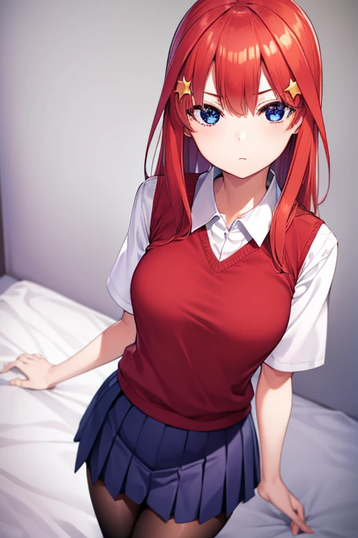 Satsuki Nakano, Itsuki Nakano, Bangs, Blue eyes, hair between eye, Ahoge, Red hair, Star \(symbol\), Hair Ornament, Star hair ornament, BREAK skirt, Shirt, School uniform, 鎖骨, White shirt, Short sleeves, Pleated skirt, sox, Collared shirt, Miniskirt, knee high, White socks, Green skirt, Sweater Vest, Red Sweater Vest,
Break indoors, School, crass room,
BREAK (masutepiece:1.2), Best Quality, High resolution, Unity 8k壁纸, (Illustration:0.8), (Beautiful detailed eyes:1.6), extra detailed face, Perfect Lighting, extremely details CG, (Perfect hands, Perfect Anatomy),Black tights