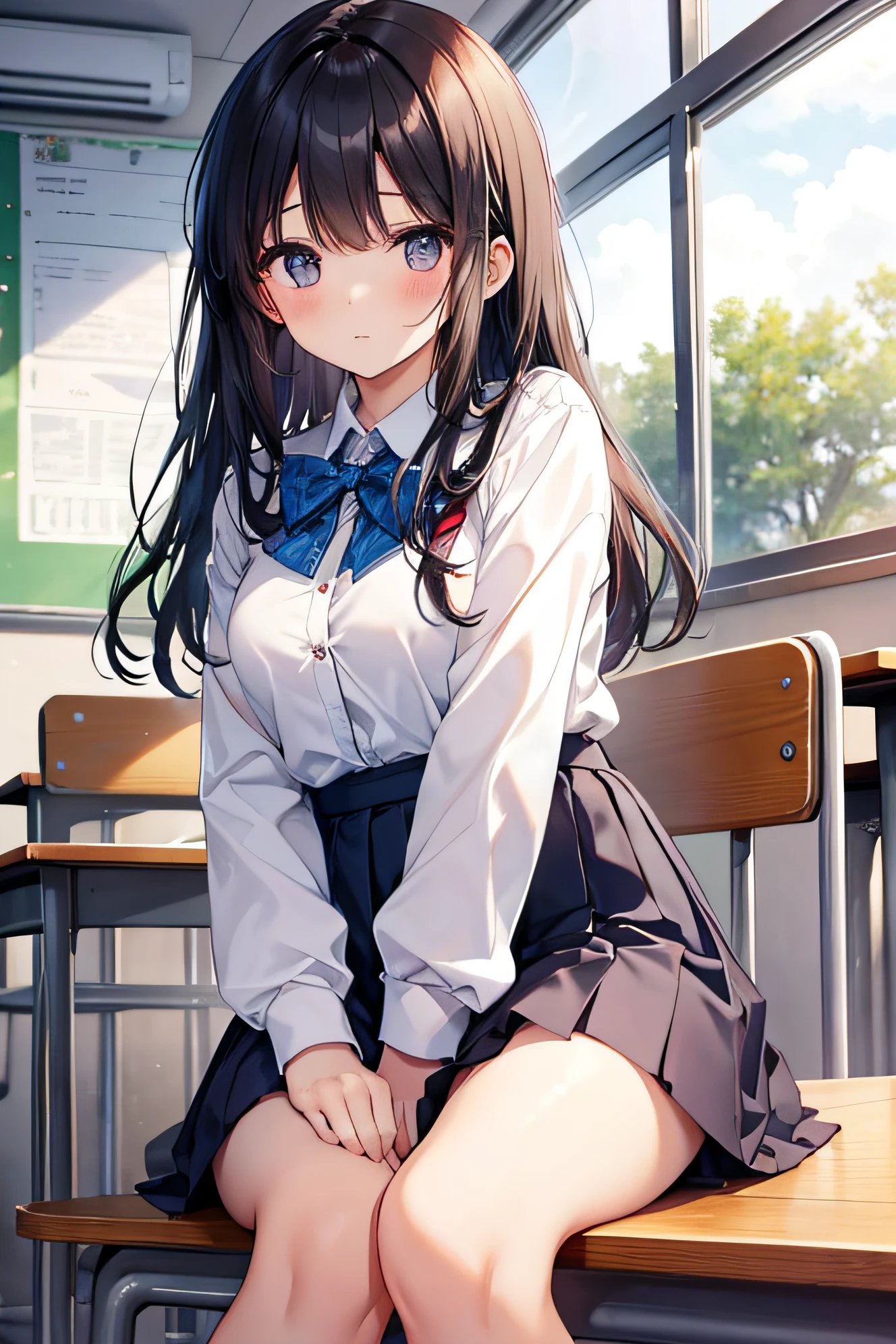 beautiful  Girl　stare　校服　‎Classroom　invite　A dark-haired　embracing each other