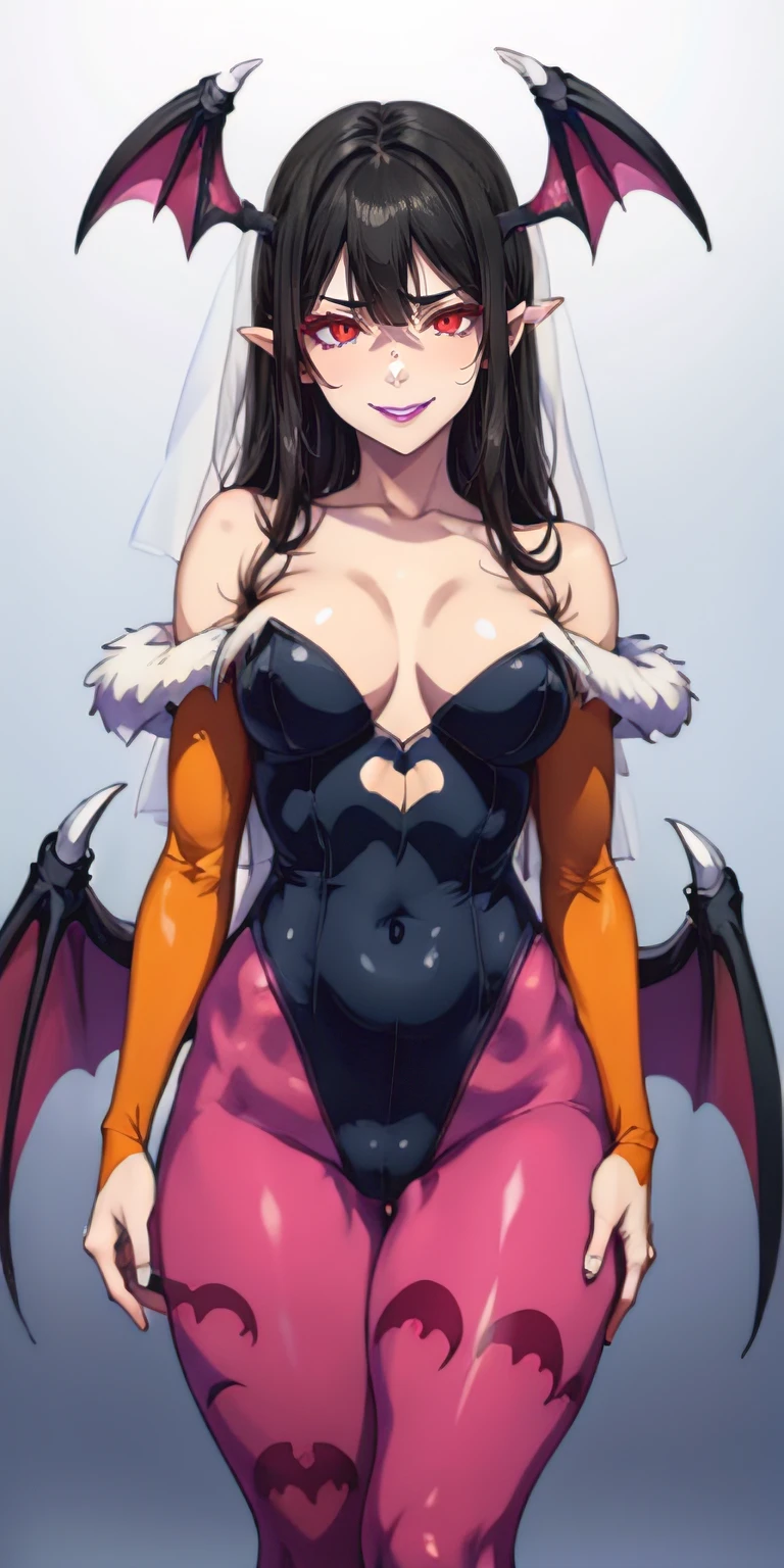 anatomically correct, best quality, masterpiece, high quality, high details, highres, HD, (shaded face:1.2), hollow eyes, red eyes, looking at viewer, heavy breathing, smirk, upper teeth, purple lips, black hair, long hair, pointy ears, highleg leotard, print pantyhose, bat print, head wings, bat wings, bridal gauntlets, standing, walking,