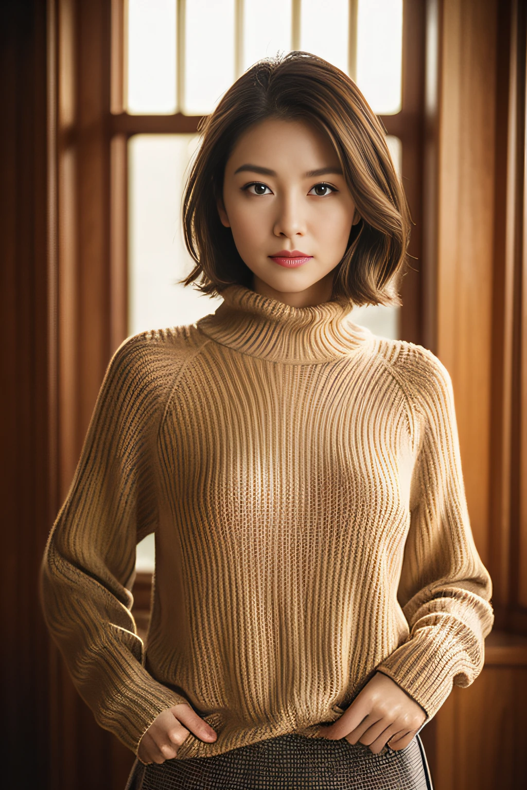 top-quality, masterpiece, hight resolution, Photorealsitic, profetional lighting, ighly detailed, depth of fields, ((One beautiful woman)), ((100 years old)), Female sexy, Classroom, ((tight sweater, skirt by the)), Detailed face, beautidful eyes, bangss, small breasts of good shape, Light Brown Straight Hair, Faint lips, ((Stand forward、gazing at viewer, Serious face)), cowboy shot, sharp,