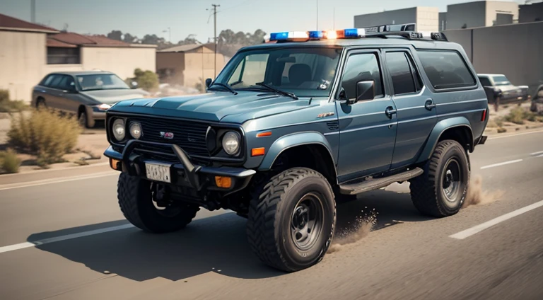 dark grayish-blue police 4x4 SUV in motion, slow motion, new car, photorealistic, motion blur, front right view, 1970s, urban, ultra realistic, cinematic style, worm colors, 8K, HD