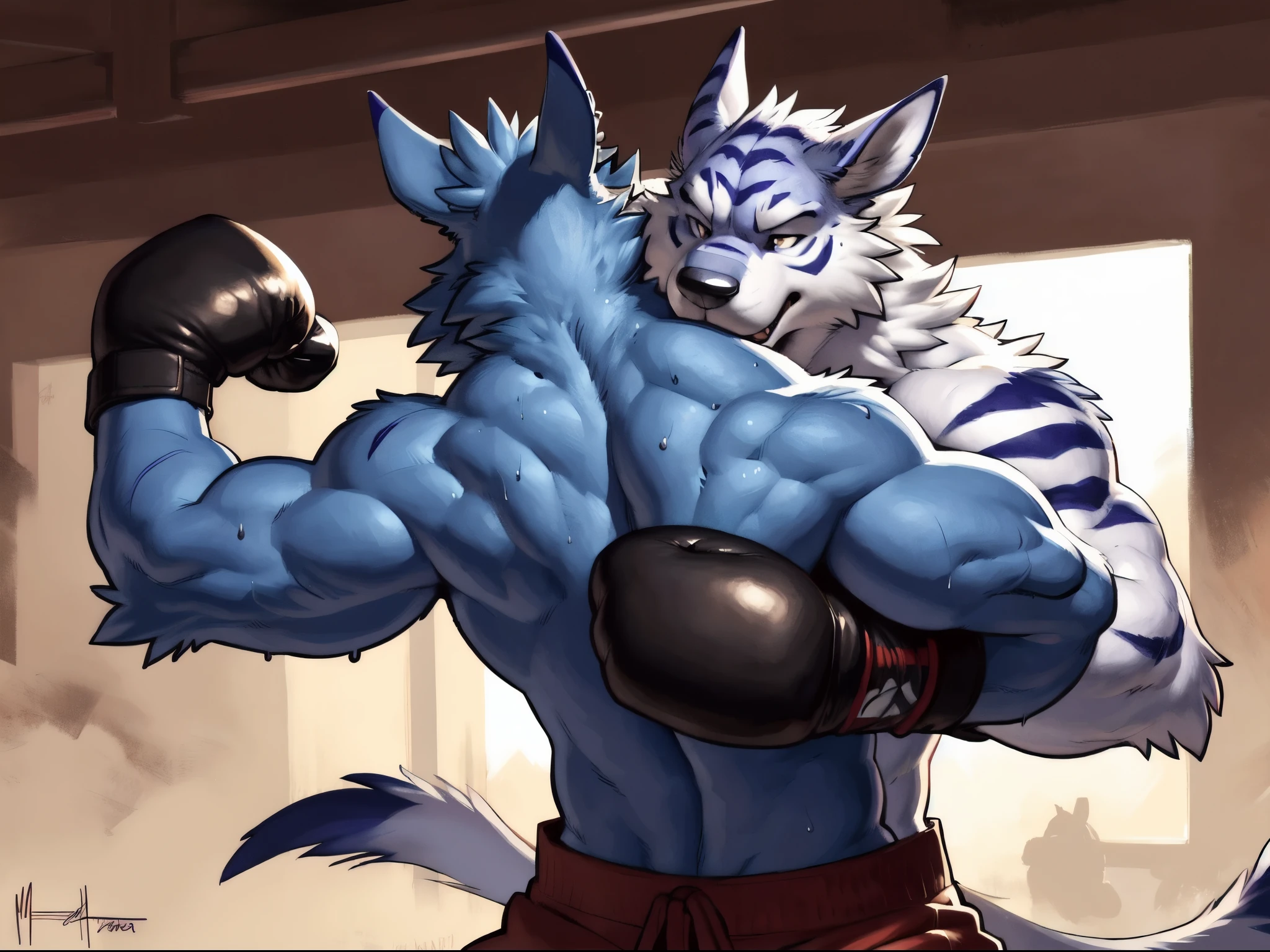 (ultra quality):1.4,color, smooth comics style, (by takemoto arashi, by meesh, by Taran Fiddler), two characters, kurama:1 and weregarurumon:1 boxing, muscles:1, athletic build, abs, correct anatomy, anime martial arts, sweat:1, sweat dripping, strong:1 masculine, boxing ring, fighting:1 scene, (embracing, clinch, embrace):1, wearing boxing gloves, detailed boxing gloves