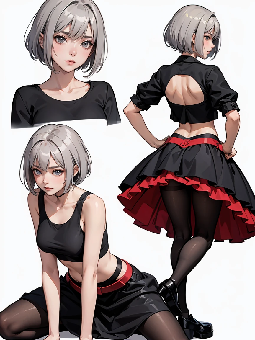 1girl, 2d, anime style, skinny body, Anime girl wearing crop top, pantyhose, kneels, light grey short hair, pose picture of her sexy pose, highly detailed, 8k, character sheet, white background, best quality, from behind, open pussy