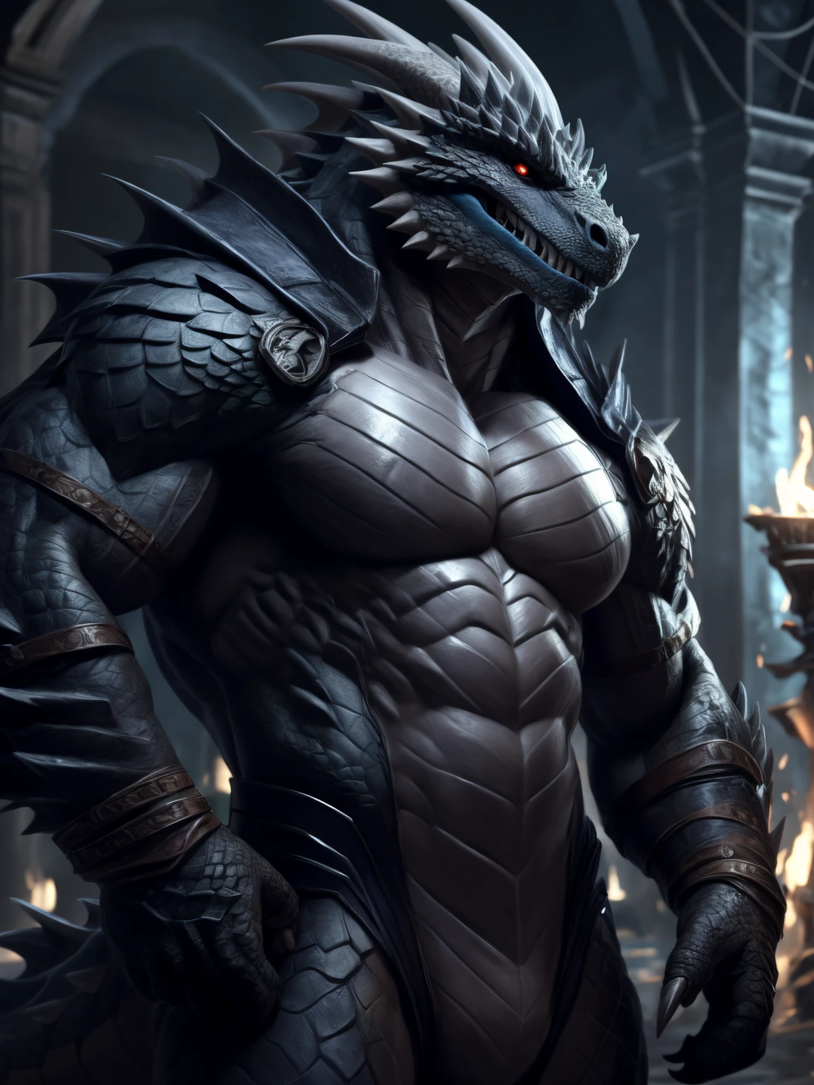 a lizardman, from cryptid academia, grinning lasciviously, grinning sinisterly, anthro lizard, inspired by Ryūsei Kishida, thertrevkaiser, muscular, black body, gray belly, scales on body, claws, red eyes, blue tongue, teeth, gray paws, fit, abs, smooth body, scales on belly, illustration, (best quality, 4k, highres, masterpiece:1.2), ultra-detailed, realistic, horror, sharp focus,