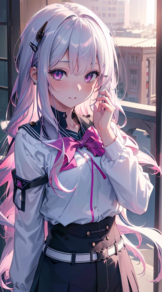 (best quality,4k,8k,highres,masterpiece:1.2),ultra-detailed,(realistic,photorealistic,photo-realistic:1.37),long silver middle hair,light pink eyes,small breasts,demon tail,school uniform,portraits,sharp focus,vivid colors,soft lighting