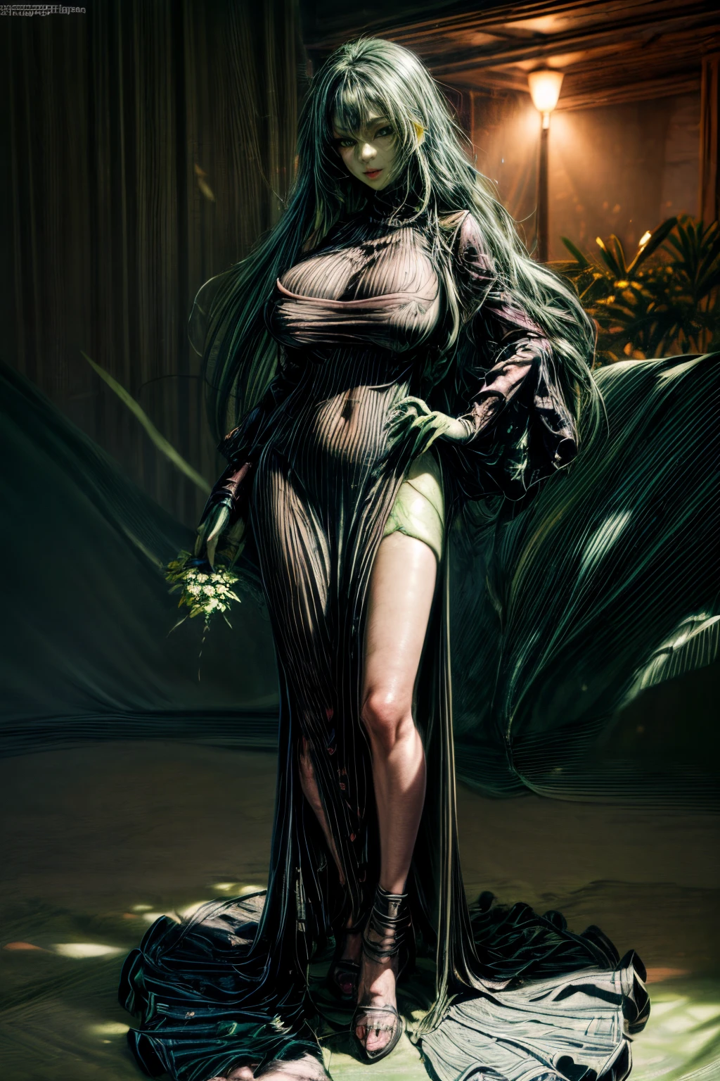 masterpiece, best quality, 1girl, (finely detailed beautiful eyes and detailed face), cinematic lighting, full body shot, long hair, green hair, (green skin:1.5), colored eyelashes, brown eyes, small breasts, fully clothed dress, thick long dress, forest, flowers, succulent plant, (Colorful:1.3), naughty face, giga_busty