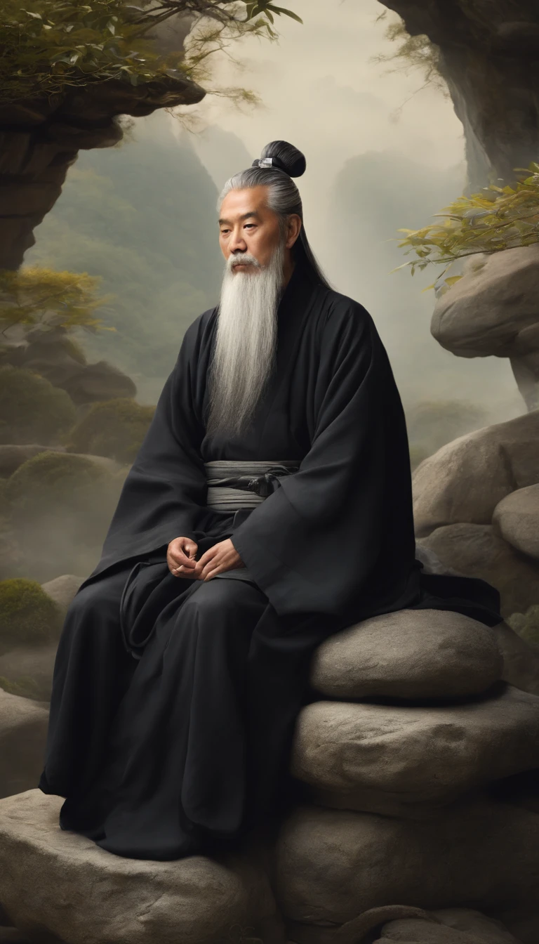 Close-up of a young Chinese Taoist leader sitting on a stone,Long gray hair,Grow a beard,Meditation cross-legged,Daoism, Dressed in a black robe,magic aura,Taoist,Taoist,Located in the center,facing at the camera,