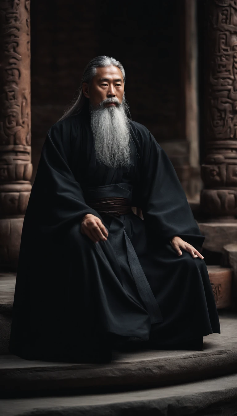 Close-up of a young Chinese Taoist leader sitting on a stone,Long gray hair,Grow a beard,Meditation cross-legged,Daoism, Dressed in a black robe,magic aura,Taoist,Taoist,Located in the center,facing at the camera,