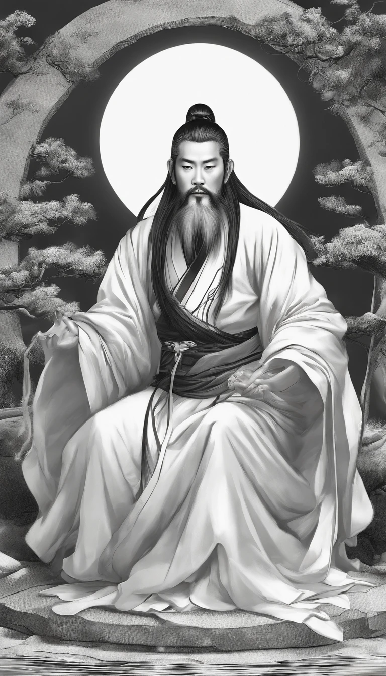Close-up of a young Chinese Taoist leader sitting on a stone,Long gray hair,Grow a beard,Meditation cross-legged,Daoism, Dressed in a black robe,magic aura,Taoist,Taoist,Located in the center,facing at the camera,