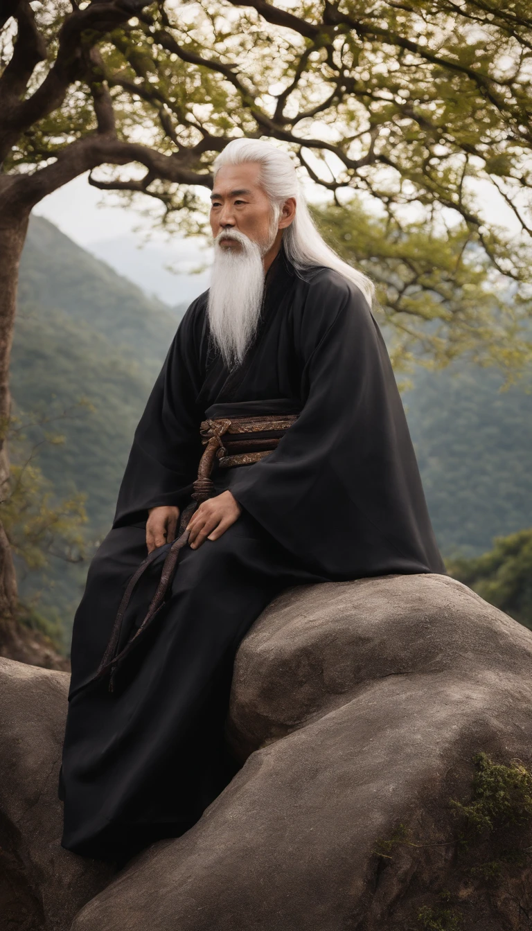 Close-up of a young Chinese Taoist leader sitting on a rock,long, White hair,sbeard,Meditation cross-legged,Daoism, dressed in a black robe,magical aura,Taoist,Taoist,Not centered,facing at the camera,The colors are very vivid, Light particles, There is bright light, Mshiv, wallpaper art, ultra HD wallpaper