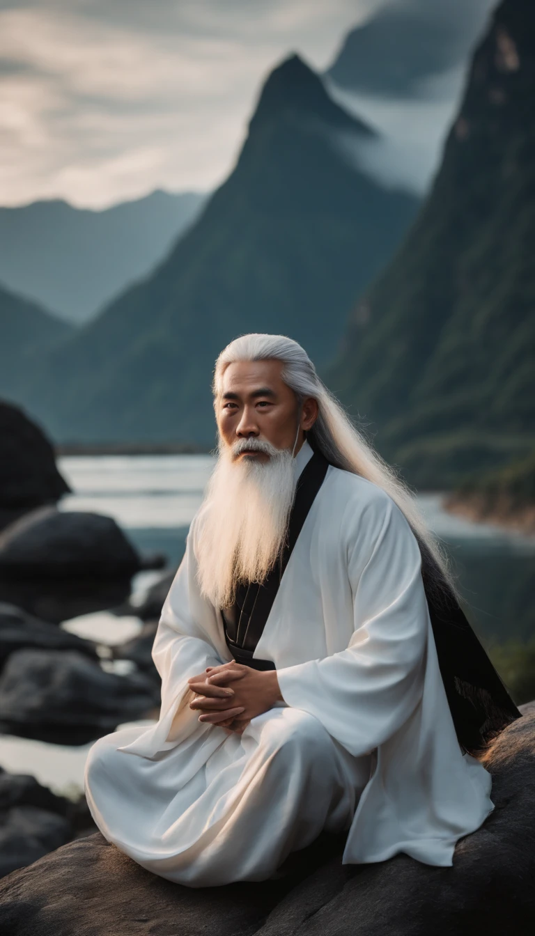 Close-up of a young Chinese Taoist leader sitting on a rock,long, White hair,sbeard,Meditation cross-legged,Daoism, dressed in a black robe,magical aura,Taoist,Taoist,Not centered,facing at the camera,The colors are very vivid, Light particles, There is bright light, Mshiv, wallpaper art, ultra HD wallpaper