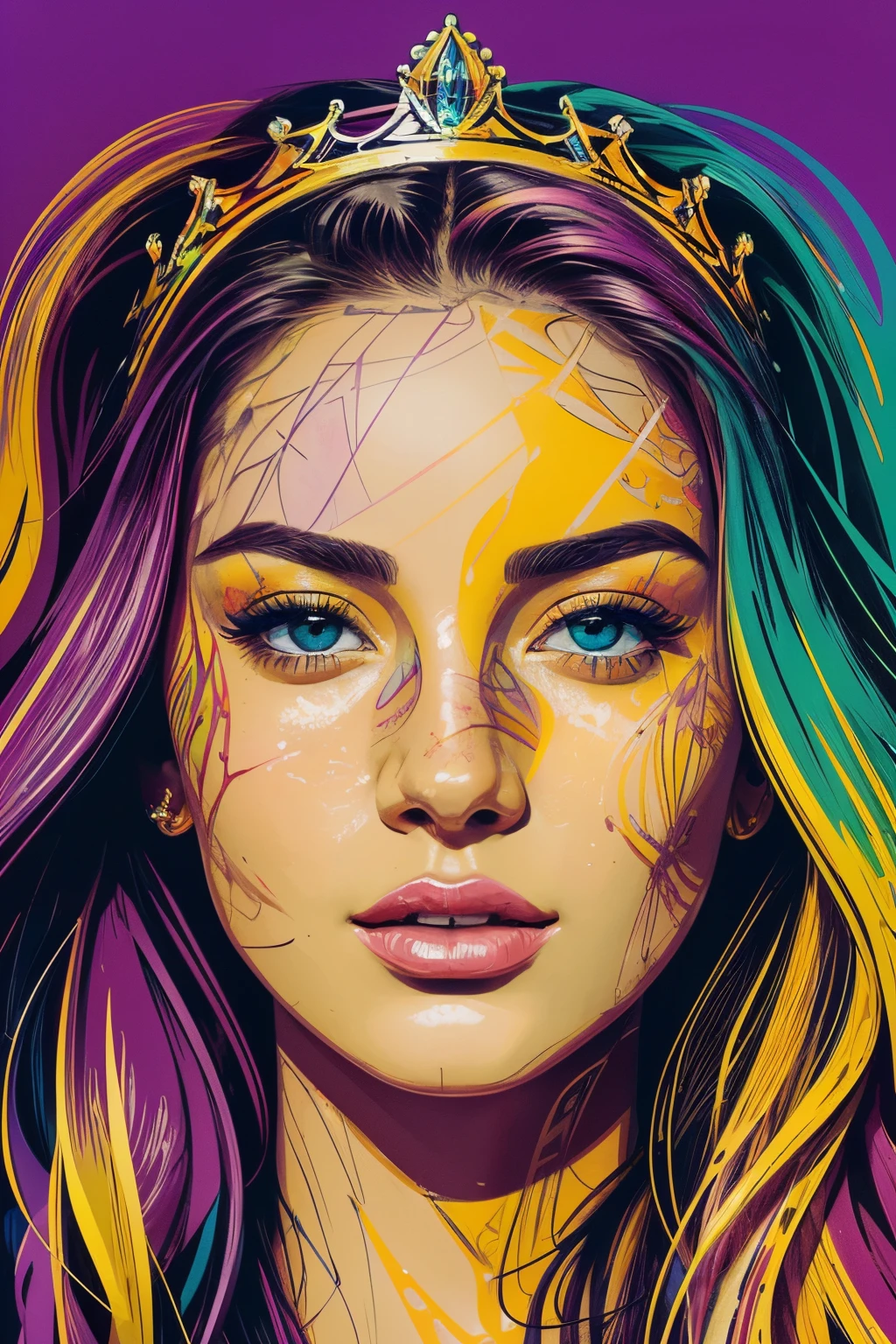 Highly detailed, High Quality, Masterpiece, beautiful, FISideRight cafe, 1girl, solo, ((best quality)), ((masterpiece)), (detailed), perfect face, abstract beauty, Create a digital art work in pop art style, luxury elegance bold with hint of feminine, happy & youthful, authentic, brave, princess wearing crown, purple and gold, centered, key visual, intricate, highly detailed, breathtaking beauty, precise lineart, vibrant, comprehensive cinematic, Carne Griffiths, Conrad Roset, vector art, Colorful graffiti illustration, (the most beautiful portrait in the world:1.5)