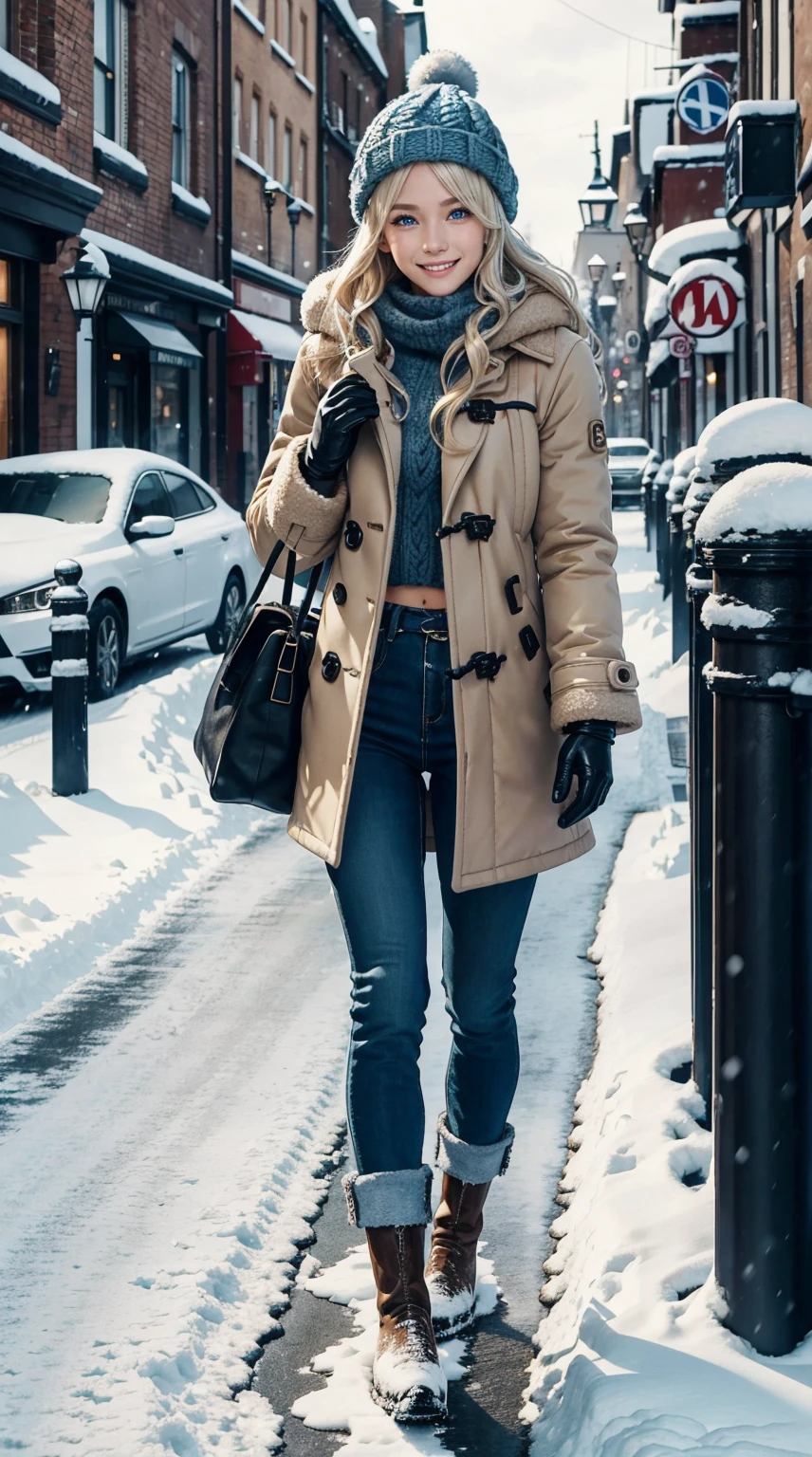 25-year-old Caucasian woman、platinum-blonde、blue eyess、Semi-long、My hair is wavy、a smile、My abs are cracked、a smile、slim muscular body、I don't want my head to disappear from the screen.、Wearing a duffel coat、wearing mitten gloves、I'm in a snowy town、wearing a woolen hat、I'm wearing a muffler、Walking around the city、I'm wearing short boots、I'm wearing hot pants
