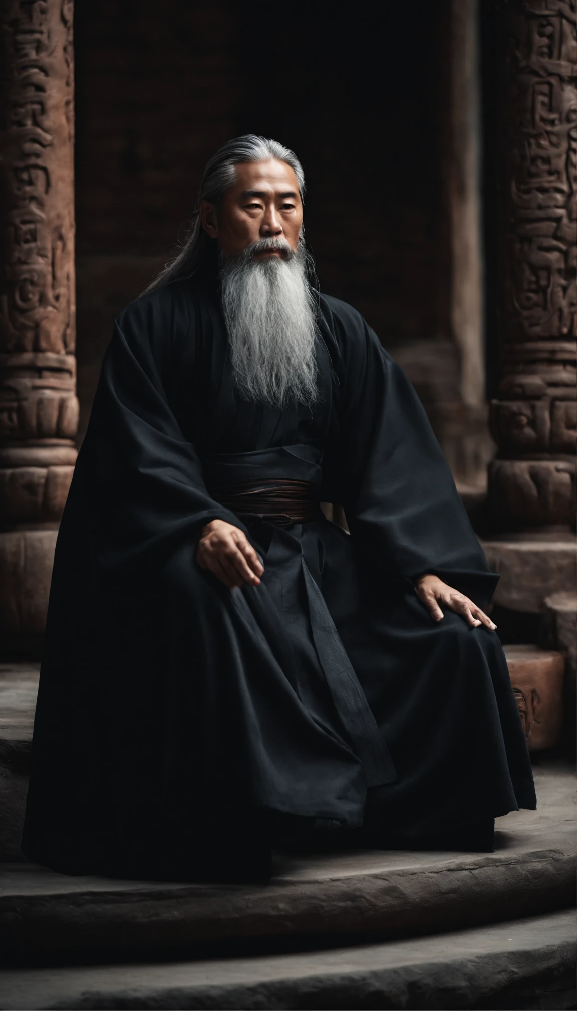 Close-up of a young Chinese Taoist leader sitting on a stone,Long gray hair,Grow a beard,Meditation cross-legged,Daoism, Dressed in a black robe,magic aura,Taoist,Taoist,Located in the center,facing at the camera,